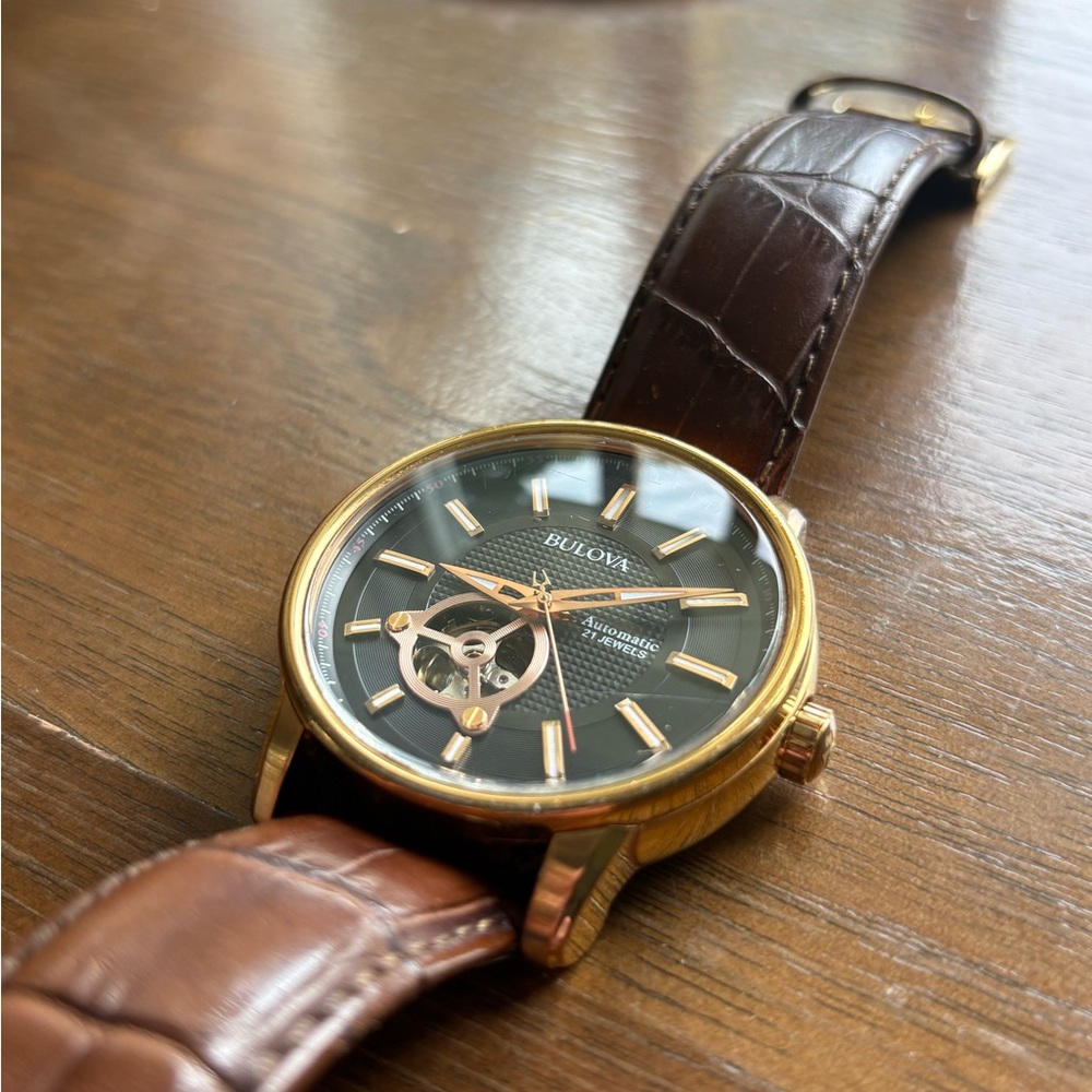 Bulova Men's Watch with Gold Case and Brown Strap
